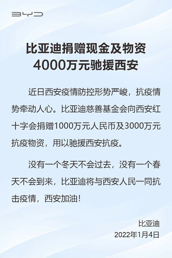 比亞迪捐贈(zèng)現(xiàn)金及物資4000萬元馳援西安(圖1)